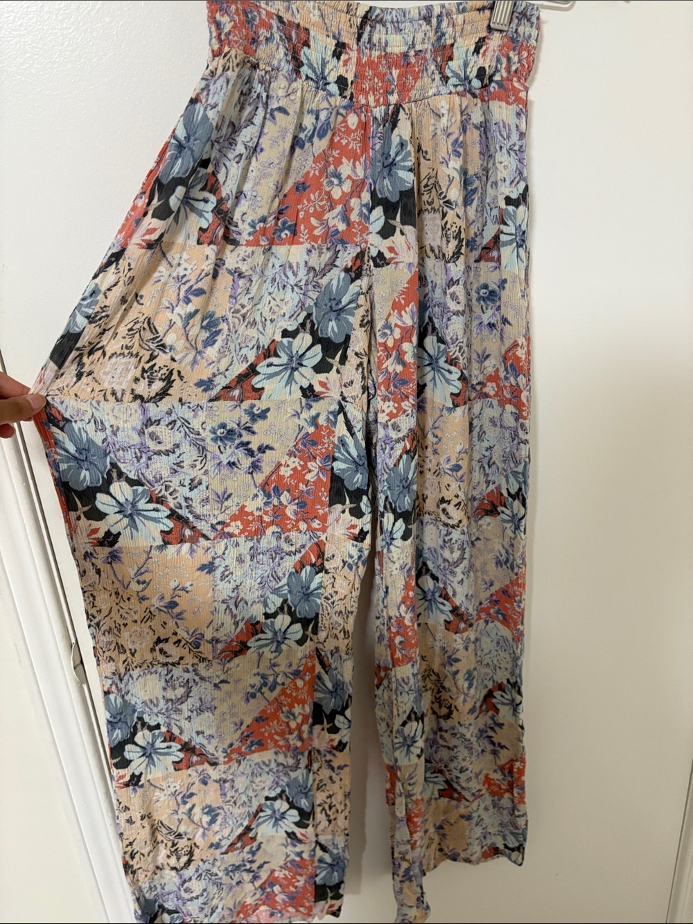 Forever 21 Floral Patchwork Wide-Leg Pants in Beige, Blue & Coral